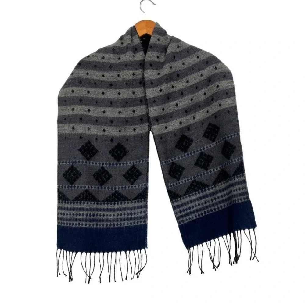 Italian Design‎ Cashmere Blend Scarf Gray Blue Geometric Fringe Winter Wrap